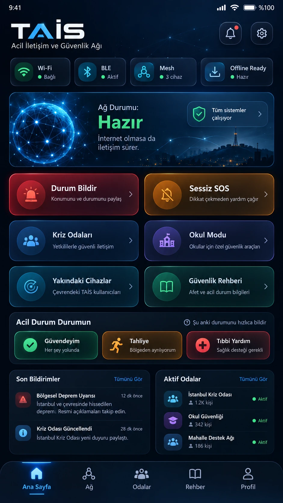 TAİS mobil uygulamasının ana ekran tasarımı