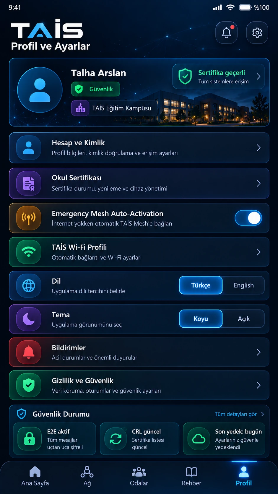 TAİS Profil ve ayarlar tasarım referansı